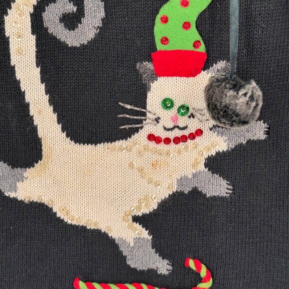 Susan Bristol Hand Embroidered Cat Sweater With Pom Poms & Sequins Long Sleeves - Picture 4 of 11